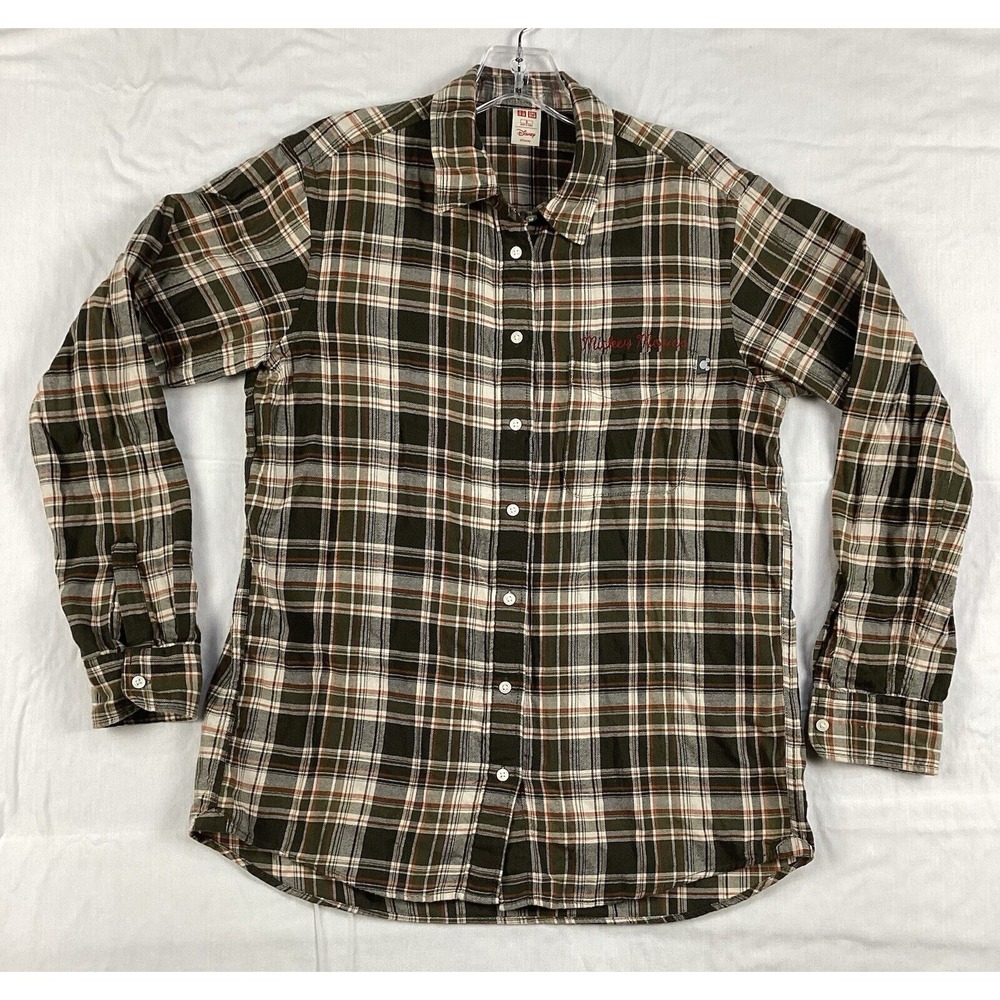 Disney Long Sleeve Mickey Mouse Button Up Shirt Womens Small, Green&Orange Plaid